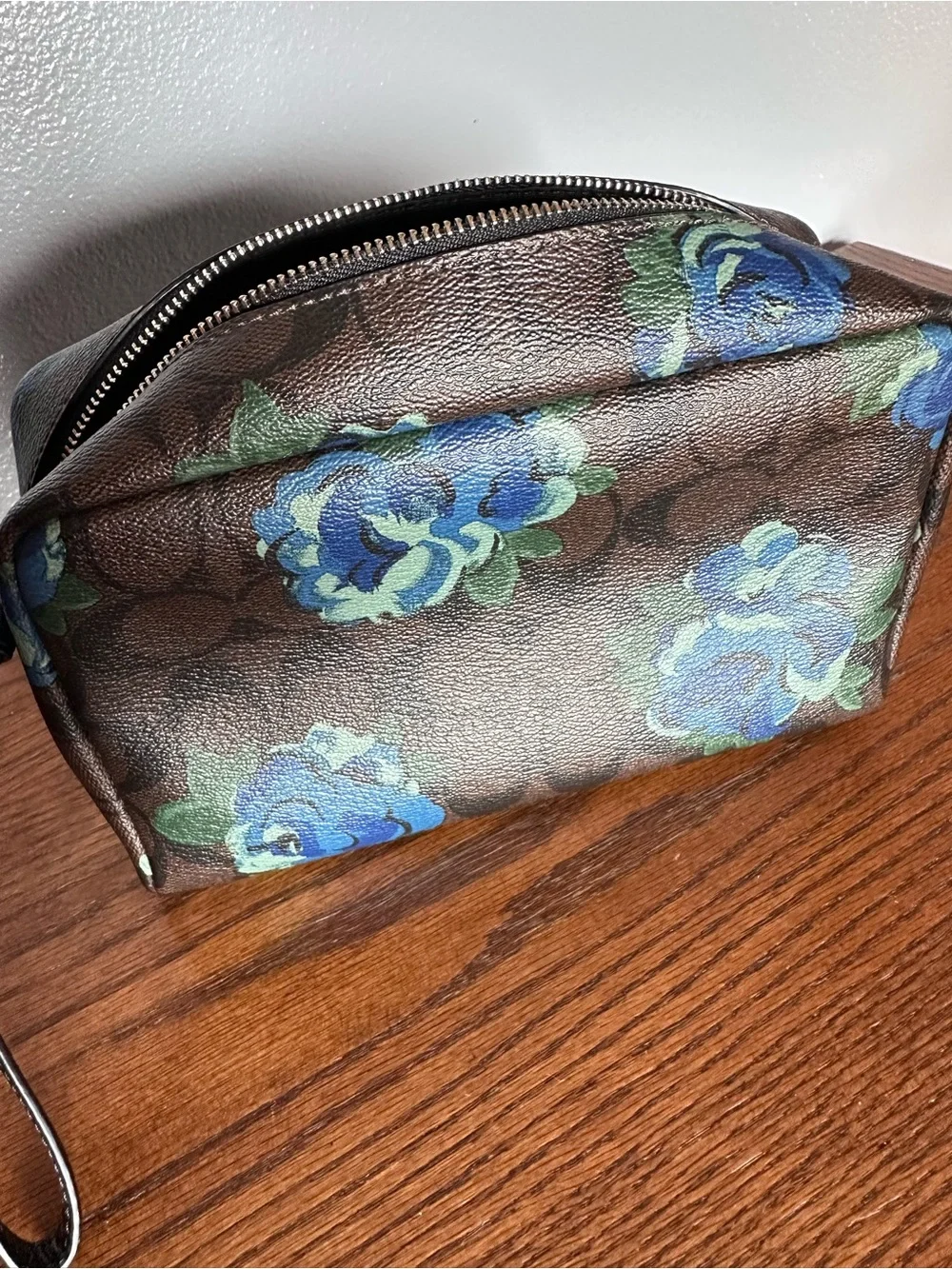 Coach Brown Cosmetic Bag with Blue Floral Print
